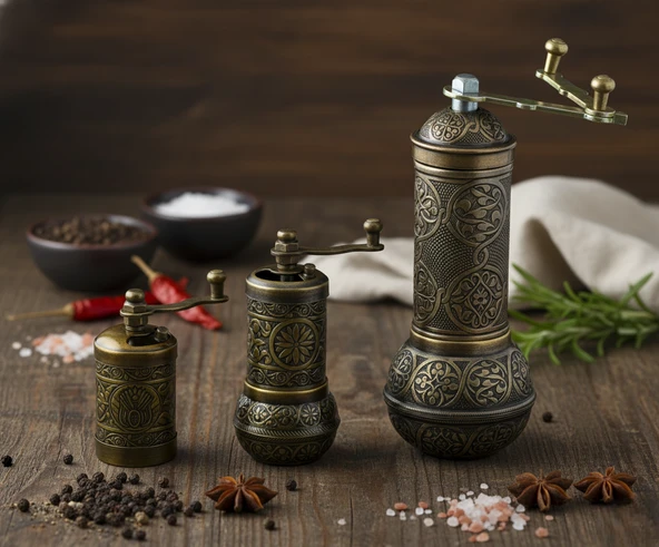 LUDIA Zamak Metal Antik Renk 3 lü Set Karabiber,Kahve,Çörek Otu El Değirmeni Öğütücü Grinder - 5