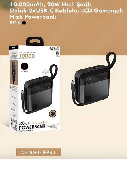 10000mAh Dijital Göstergeli Type-C Kablolu/Girişli 20W Hızlı Şarjlı Powerbank Siyah - Resim 7