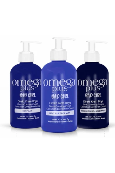 Omega Plus Bad Girl Mavi, Açık Mavi, Gece Mavisi 3lü 250ML Saç Boyası Seti Jeans color ürün görseli 1