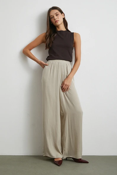 Beli Lastikli Dökümlü Geniş Paça Pantolon Taş - Resim 4