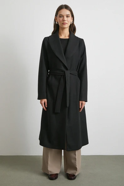 Kuşaklı Kaşe Kaban Siyah - Resim 5