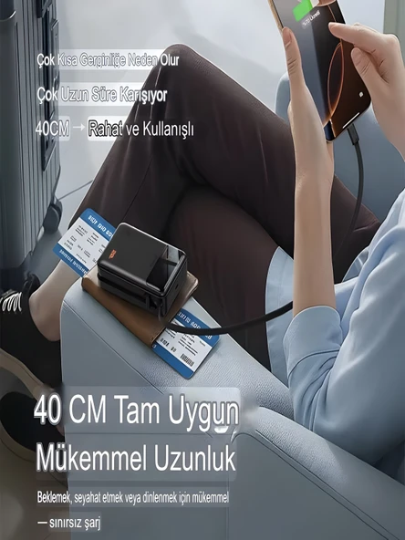 20000mAh 65W Hızlı Şarj Dijital göstergeli Type-C Kablolu/Girişli Askılı Powerbank Siyah - Resim 3