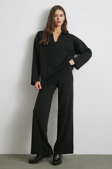 Polo Yaka Pantolonlu Triko Takım Siyah ürün görseli 1