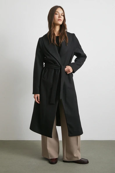 Kuşaklı Kaşe Kaban Siyah - Resim 3