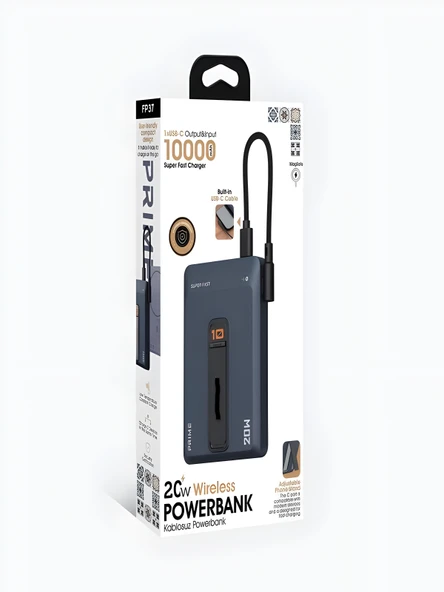 10000mAh 20W Hızlı Şarj Kablosuz Magsafe Powerbank Type-C Kablolu/Girişli Standlı Siyah - 3