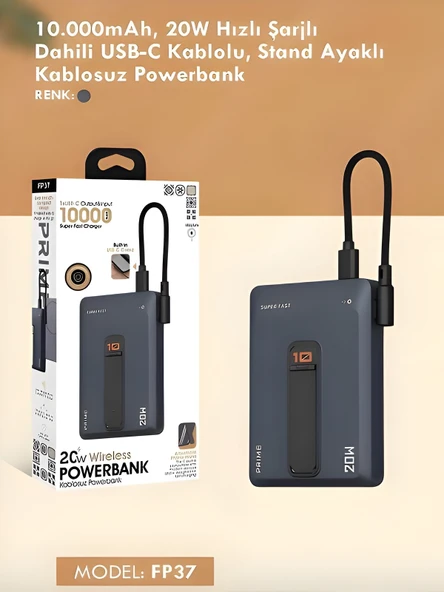 10000mAh 20W Hızlı Şarj Kablosuz Magsafe Powerbank Type-C Kablolu/Girişli Standlı Siyah - Resim 5