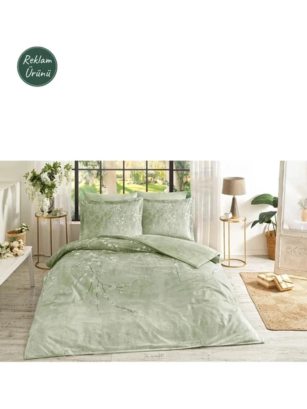 Özdilek Yeşil White Sakura Çift Kişilik Lastikli Çarşaf Nevresim Takımı 7220 - 4