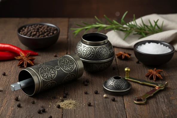 LUDIA Zamak Metal Kalay Renk 3 lü Set Karabiber,Kahve,Çörek Otu El Değirmeni Öğütücü Grinder - 6