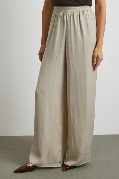 Beli Lastikli Dökümlü Geniş Paça Pantolon Taş - Resim 5