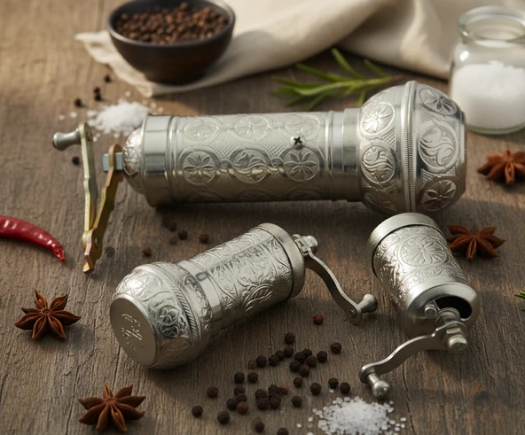 LUDIA Zamak Metal Gümüş Renk 3 lü Set Karabiber,Kahve,Çörek Otu El Değirmeni Öğütücü Grinder - 2