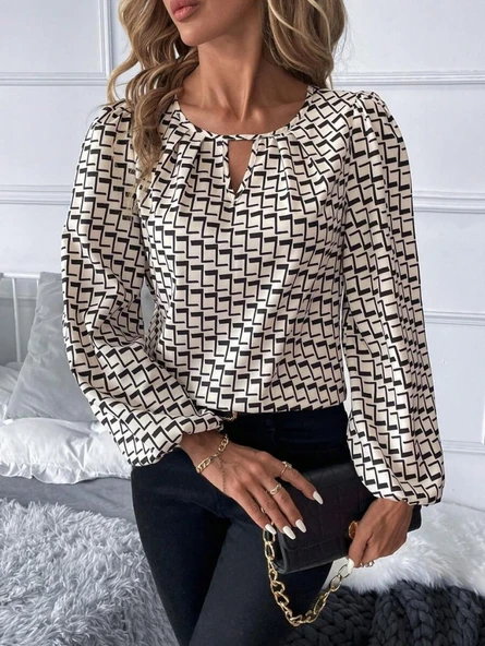 Lucky Life Kadın Uzun Kollu Damla Detaylı Yaka Desenli Süprem Bluz - Resim 2