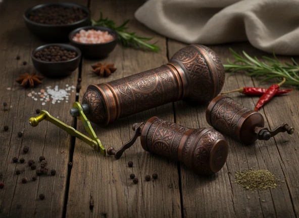 LUDIA Zamak Metal Bakır Renk 3 lü Set Karabiber,Kahve,Çörek Otu El Değirmeni Öğütücü Grinder - 2