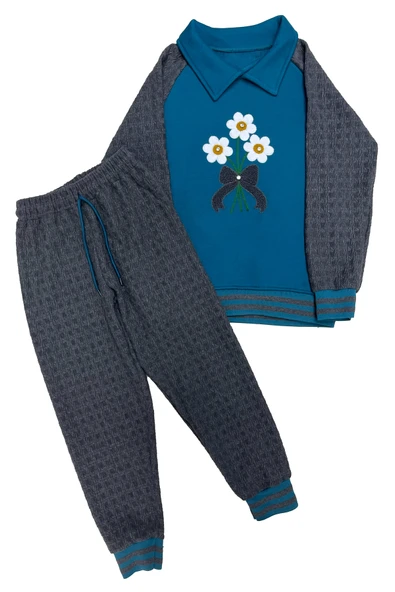 Kız Çocuk Papatya Nakışlı Ribana Detaylı 3 İplik Alt- Üst Takım 12322 - Resim 2