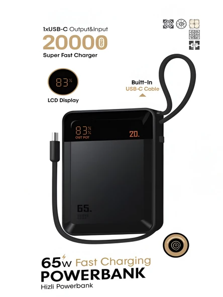 20000mAh 65W Hızlı Şarj Dijital göstergeli Type-C Kablolu/Girişli Askılı Powerbank Siyah ürün görseli 1