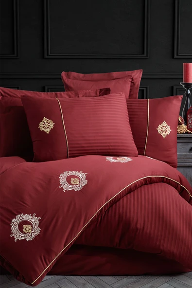 Hobby Bordo Çift Kişilik Nakışlı Saten Nevresim Takımı ürün görseli 1
