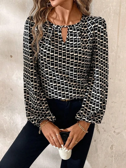 Lucky Life Kadın Uzun Kollu Damla Detaylı Yaka Desenli Süprem Bluz - Resim 4