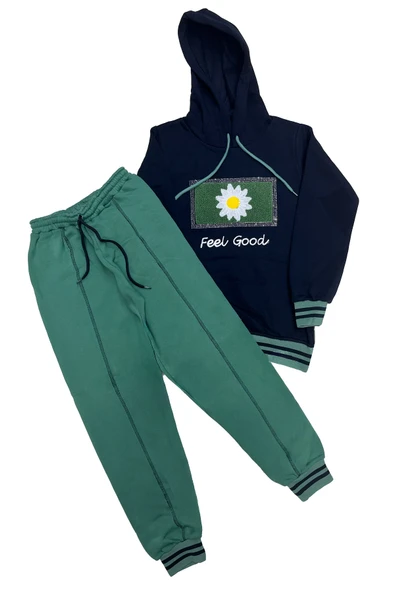 Kız Çocuk Kapüşonlu Papatya Nakışlı Taş Süslemeli 3 İplik Alt- Üst Takım 12323 - Resim 2