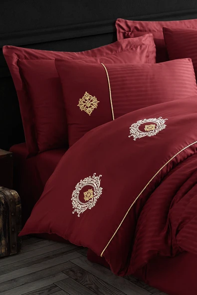 Hobby Bordo Çift Kişilik Nakışlı Saten Nevresim Takımı - Resim 2