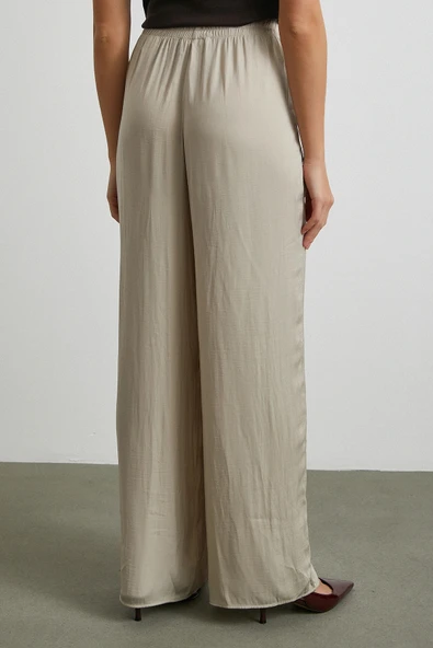 Beli Lastikli Dökümlü Geniş Paça Pantolon Taş - Resim 6