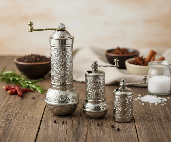 LUDIA Zamak Metal Gümüş Renk 3 lü Set Karabiber,Kahve,Çörek Otu El Değirmeni Öğütücü Grinder