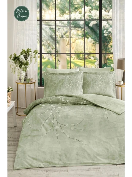 Özdilek Yeşil White Sakura Çift Kişilik Lastikli Çarşaf Nevresim Takımı 7220