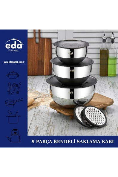 Eda paslanmaz çelik 9 parça karıştırma kabı - rendeli karıştırma saklama kabı seti ürün görseli