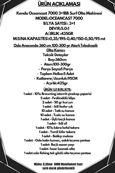 Oslo Anaconda 360cm 100-300gr Kendo Oceancast 7000 Göl ve Deniz Olta Seti - Resim 2