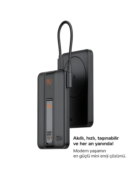 5000mAh 20W Hızlı Şarj Dijital Gösterge Kablosuz Magsafe Powerbank Type-C Kablolu/Girişli Standlı - Resim 3