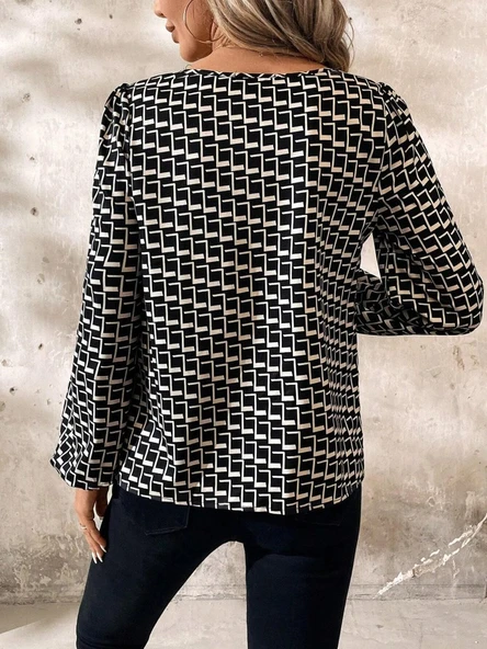 Lucky Life Kadın Uzun Kollu Damla Detaylı Yaka Desenli Süprem Bluz - Resim 6
