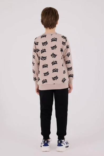 Roly Poly Erkek Çocuk Bej Desenli Pamuklu Uzun Kollu Eşofman Takım - 4