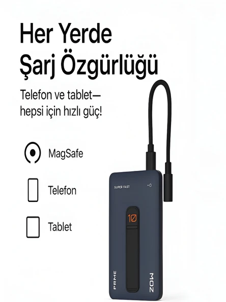 10000mAh 20W Hızlı Şarj Kablosuz Magsafe Powerbank Type-C Kablolu/Girişli Standlı Siyah - Resim 2