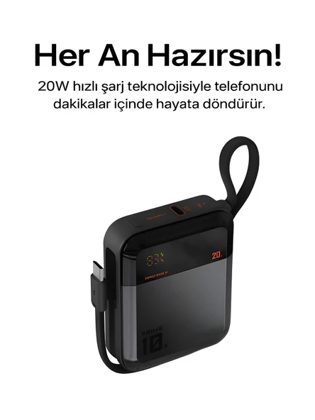 10000mAh Dijital Göstergeli Type-C Kablolu/Girişli 20W Hızlı Şarjlı Powerbank Siyah - Resim 2