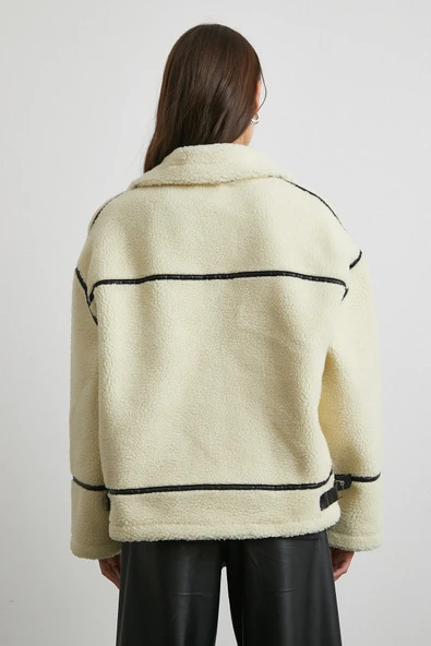 Ters Detay Lamine Biker Ceket Krem - Resim 6