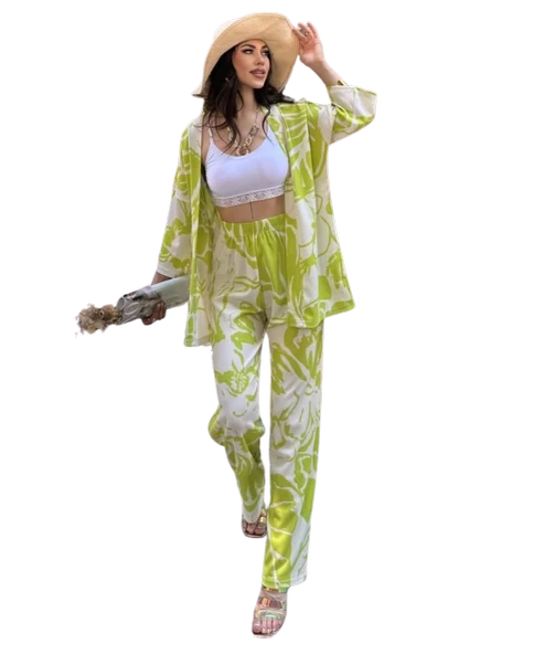 Alt Üst Takım Kimono- Desenli-Yeşil