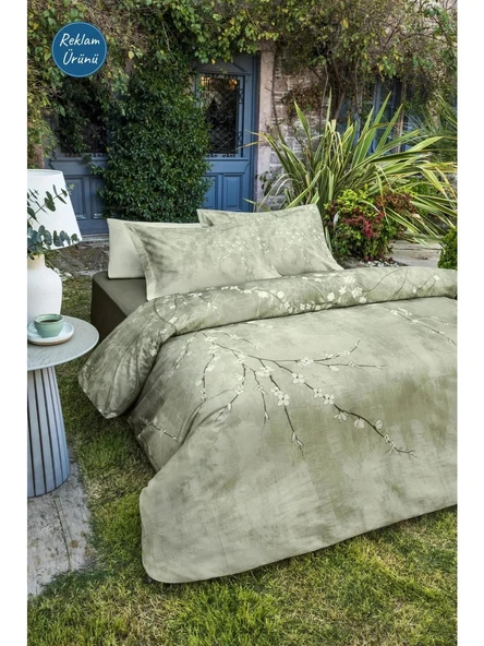 Özdilek Yeşil White Sakura Çift Kişilik Lastikli Çarşaf Nevresim Takımı 7220 - 3