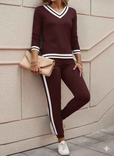 Lucky Life Kadın Uzun Kollu V Yakalı Ribanalı Viskon Iki Iplik Bluz Ve Pantolon Ikili Takım - Resim 2