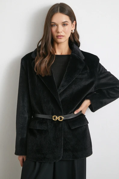 Kemerli Tay Flock Ceket Siyah