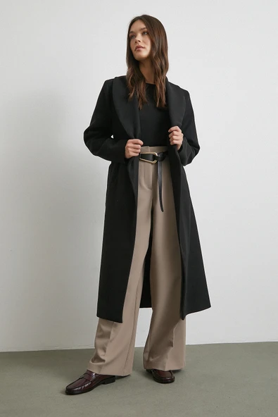 Kuşaklı Kaşe Kaban Siyah ürün görseli 1