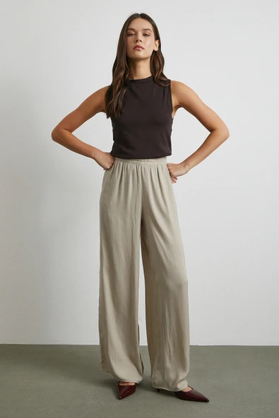 Beli Lastikli Dökümlü Geniş Paça Pantolon Taş - Resim 3