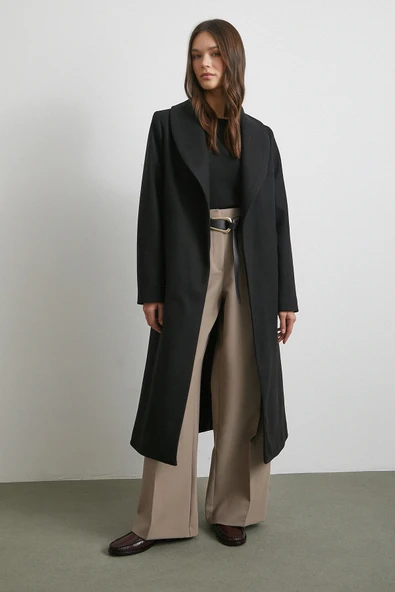 Kuşaklı Kaşe Kaban Siyah - Resim 2