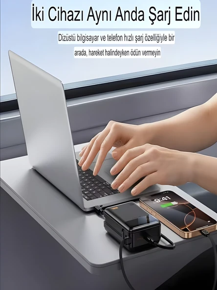 20000mAh 65W Hızlı Şarj Dijital göstergeli Type-C Kablolu/Girişli Askılı Powerbank Siyah - Resim 4