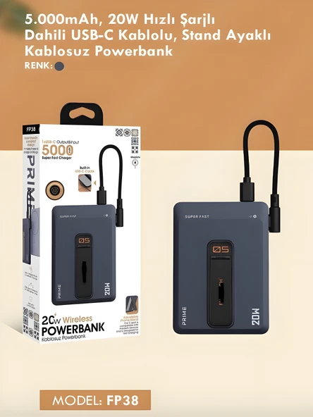 5000mAh 20W Hızlı Şarj Kablosuz Magsafe Powerbank Type-C Kablolu/Girişli Standlı Siyah - 2