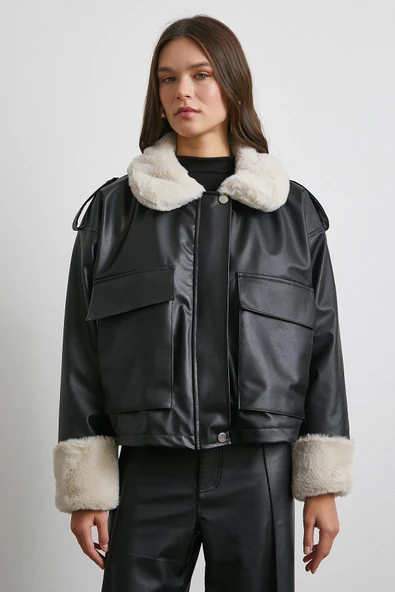 Körüklü Cep Deri Mont Siyah - Resim 6