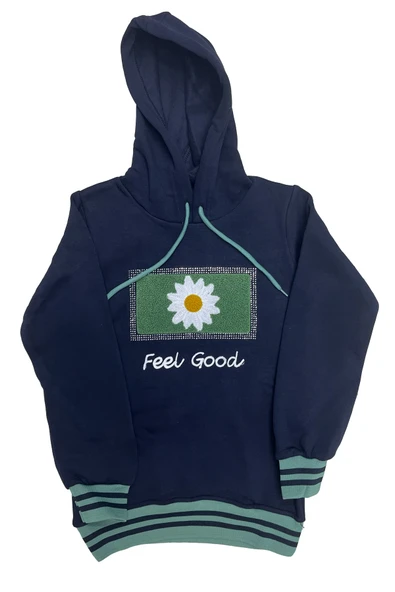 Kız Çocuk Kapüşonlu Papatya Nakışlı Taş Süslemeli 3 İplik Alt- Üst Takım 12323 - Resim 8