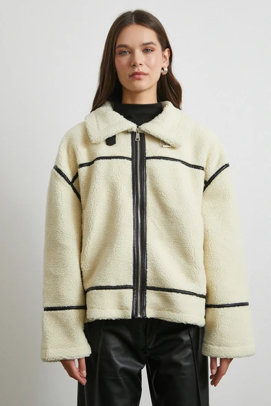 Ters Detay Lamine Biker Ceket Krem - Resim 5