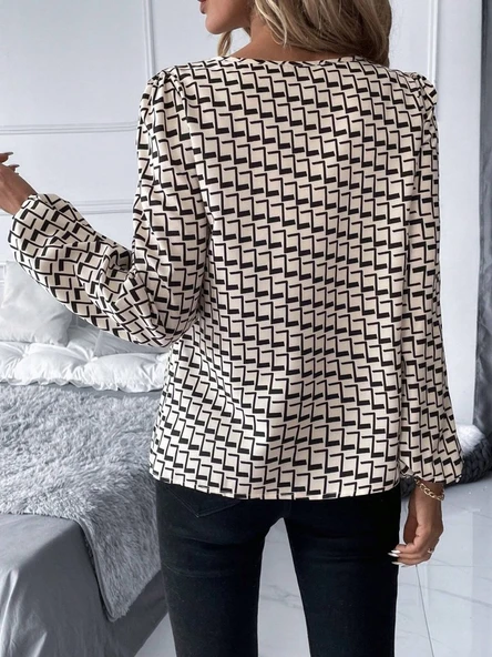 Lucky Life Kadın Uzun Kollu Damla Detaylı Yaka Desenli Süprem Bluz - Resim 13
