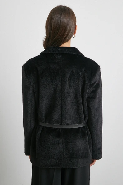 Kemerli Tay Flock Ceket Siyah - 6