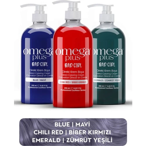 Omega Plus Bad Girl Mavi+Kirmizi+Yeşil Amonyaksız Renkli Saç Boyası Seti ürün görseli 1