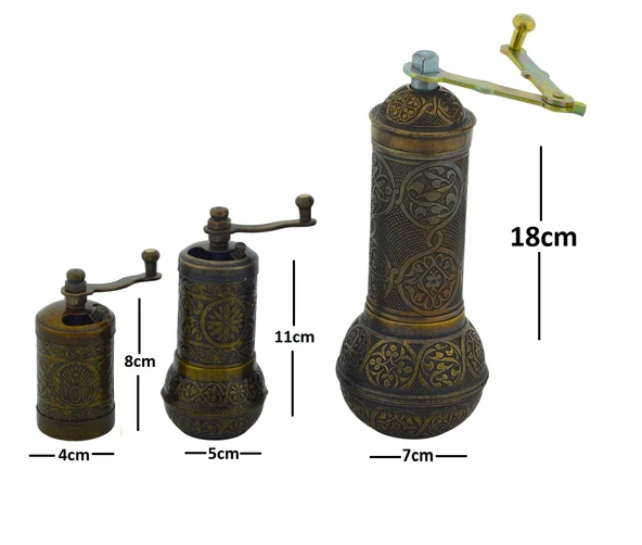 LUDIA Zamak Metal Antik Renk 3 lü Set Karabiber,Kahve,Çörek Otu El Değirmeni Öğütücü Grinder - 6