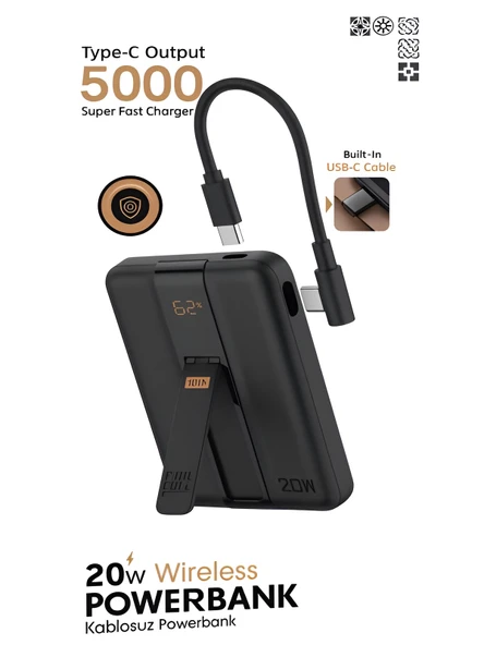 5000mAh 20W Hızlı Şarj Dijital Gösterge Kablosuz Magsafe Powerbank Type-C Kablolu/Girişli Standlı ürün görseli 1